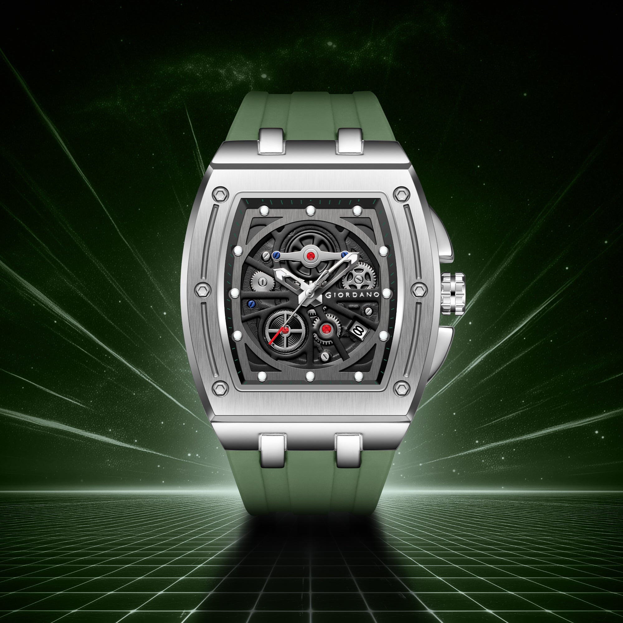 Giordano Sqaure Analog Casual Sporty Watch for Men – Mechanical-Inspired Dial, Date Display, Quartz Movement and Comfortable Silicone Strap | GZ-50151-03